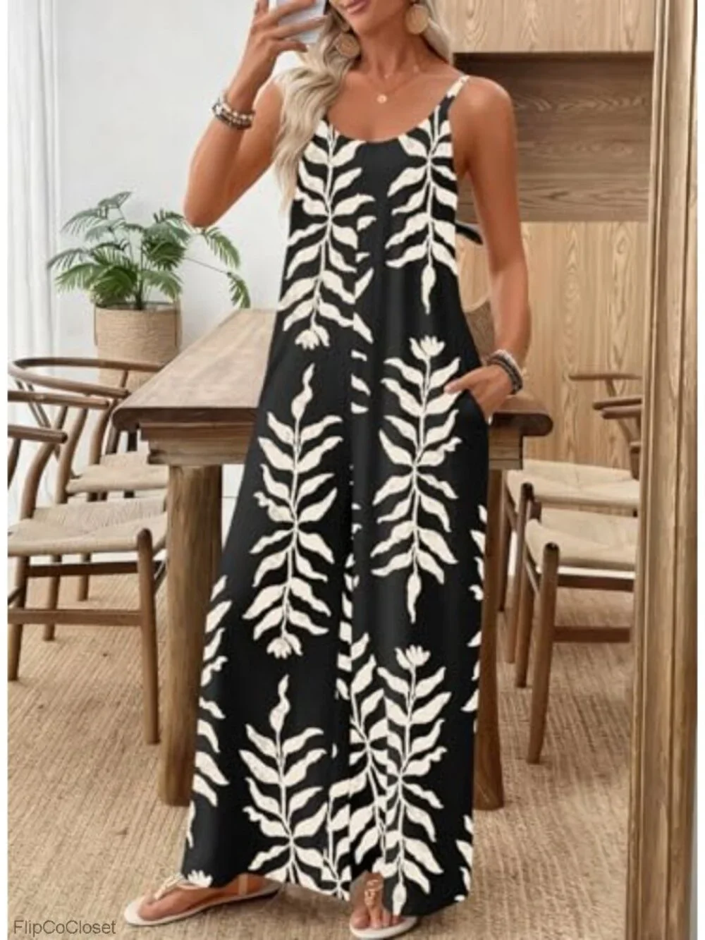 Sleeveless Wide Leg Floral Print Jumpsuit with Pockets